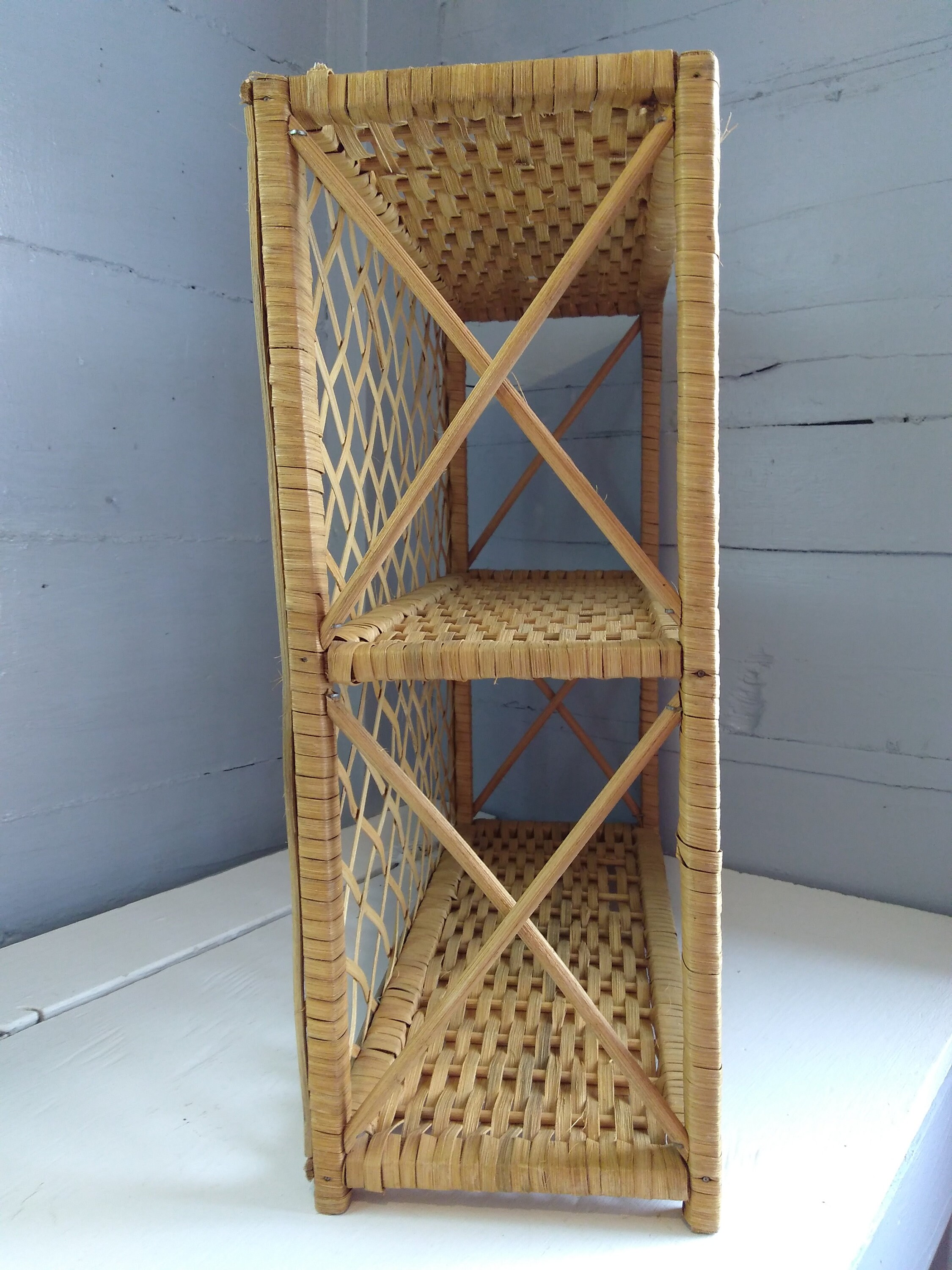 Vintage, Boho, Wicker, Shelves, Shelf Unit, Two Tier, Display Shelves