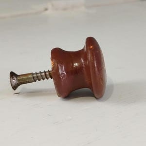 May include: A brown ceramic cabinet knob with a brass screw. The knob has a rounded shape with a slightly flattened back. The screw is partially inserted into the knob. The knob is likely vintage or antique.
