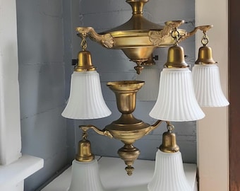 Rare Pair of Matching 1920s Art Deco Brass Pan Chandeliers, Newly Rewired Five-Light Ceiling Fixture and Two-Light Companion Set