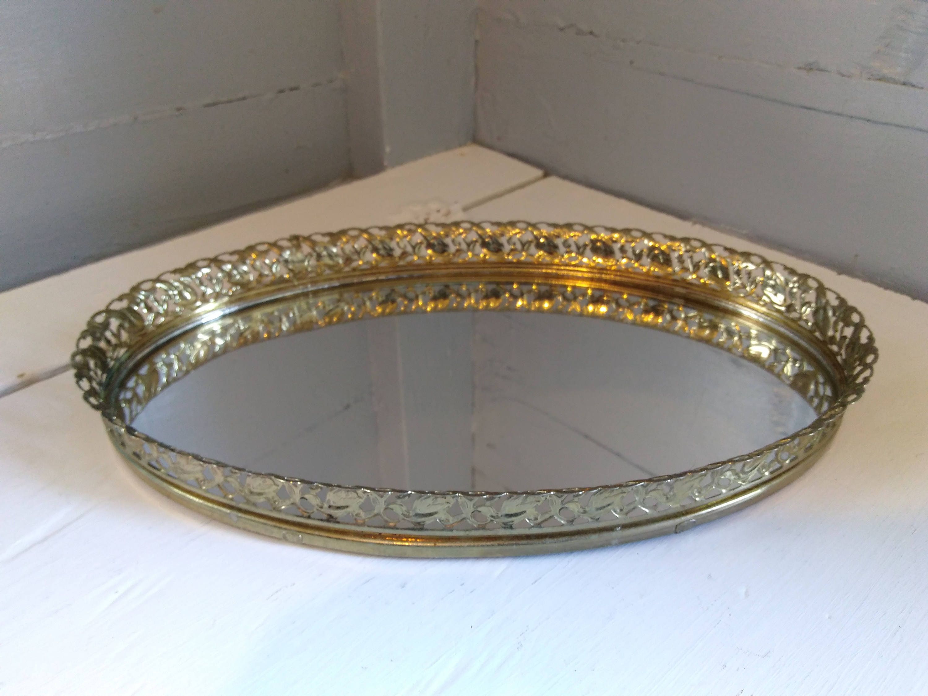 Vintage, Mirror, Mirrored Tray, Vanity Mirror, Vanity Tray, Gold, Oval