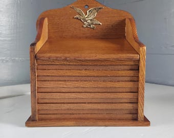 Vintage Wood Recipe Box with Eagle Emblem, Hanging or Countertop Kitchen Decor