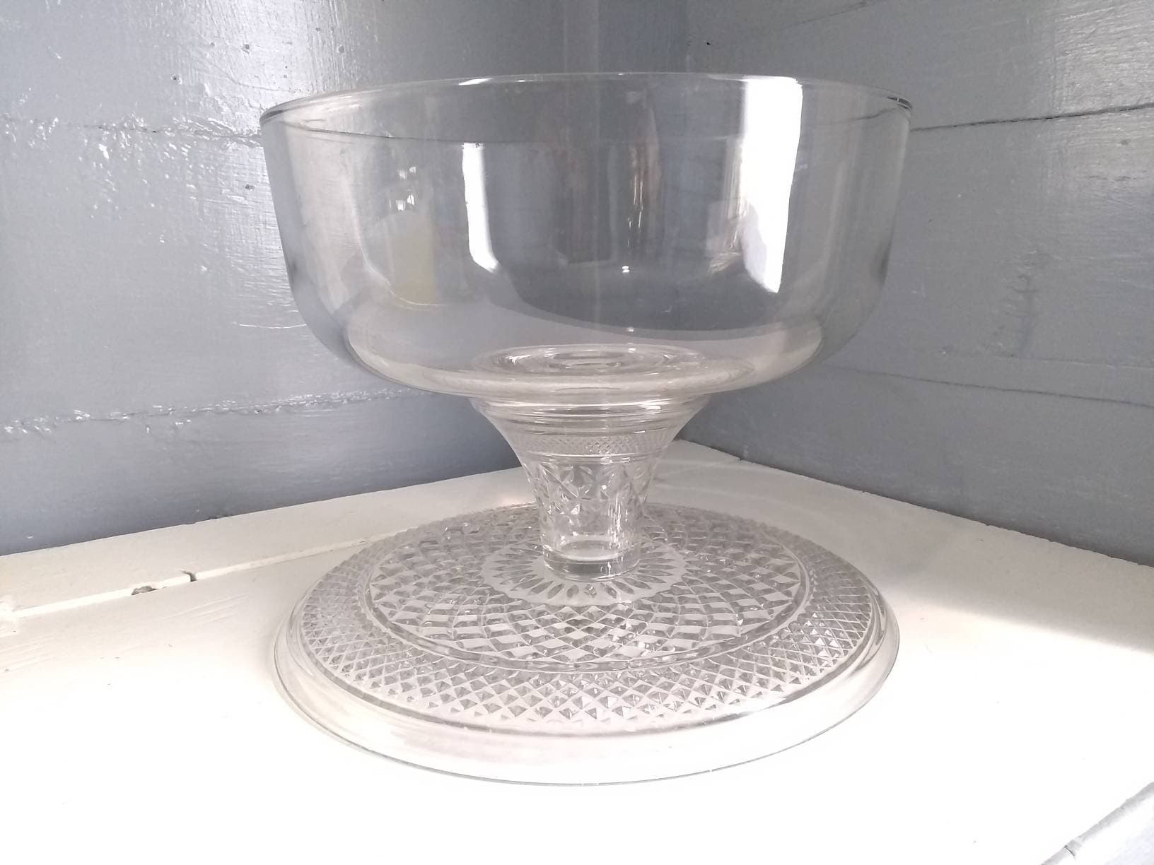 Vintage Heavy Glass Cake Stand with Dome Lid Dual Punch Bowl Set Upside