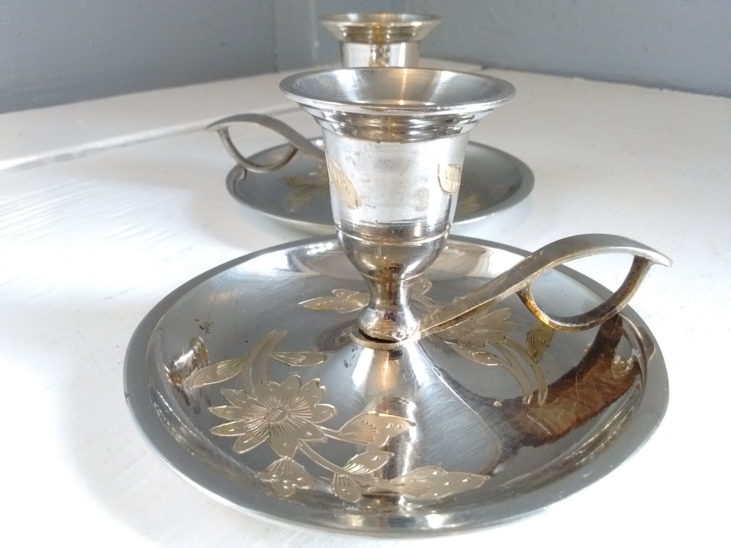 Vintage, Candle Holder, Candlestick Holders, Pair, Silver and Brass