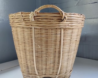 Vintage Handwoven Bamboo Market Basket with Handles, Rustic French Country Harvest Basket, Boho Farmhouse Utility Storage Basket, Planter