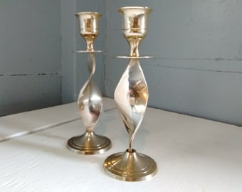 Candlestick Holders Brass Vintage Twisted Pair Round Base Mantel Decor Wedding Decor Photo Prop RhymeswithDaughter