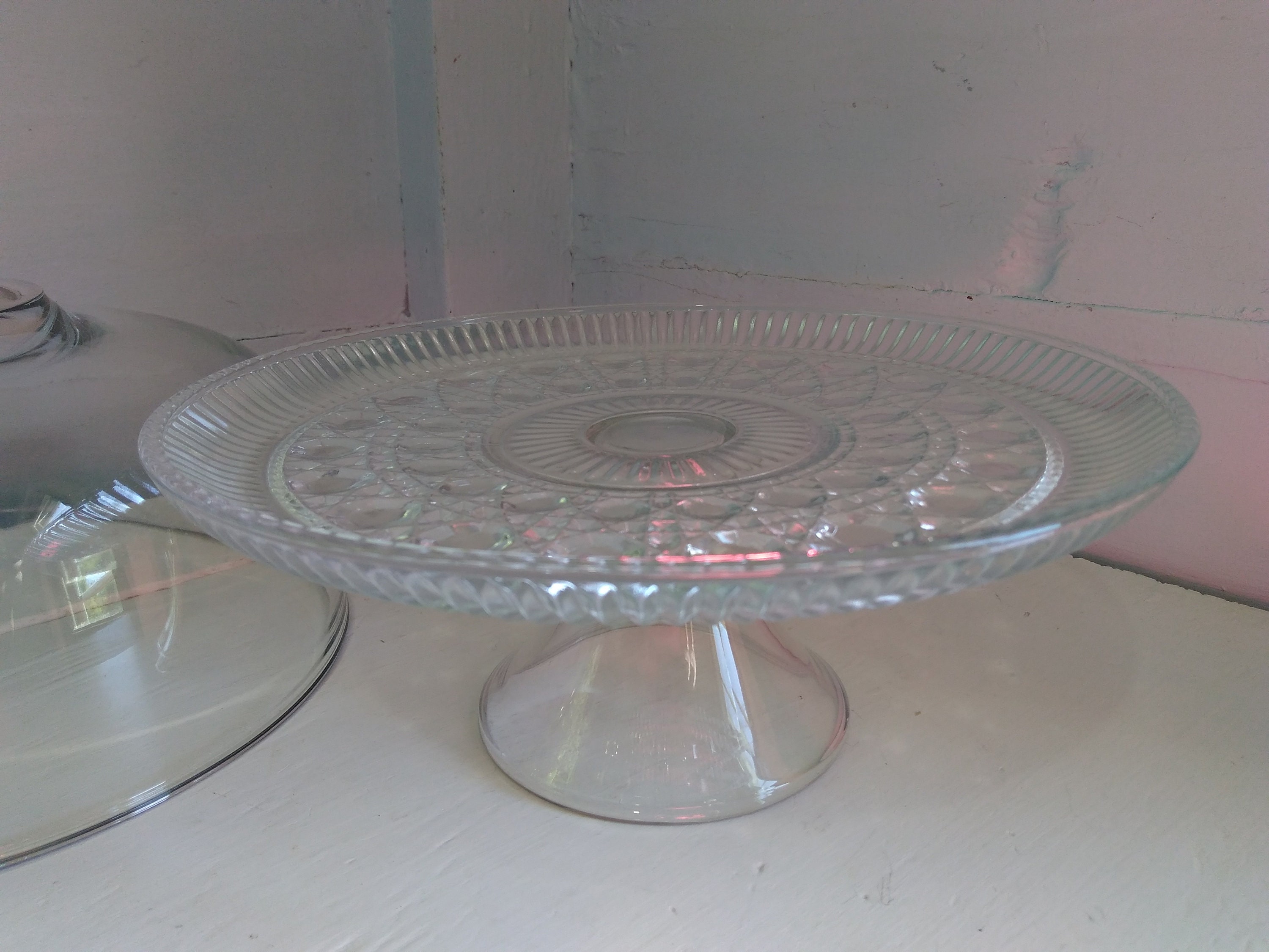 80s Heavy Glass Cake Stand with Dome Lid Dual Punch Bowl Set Upside