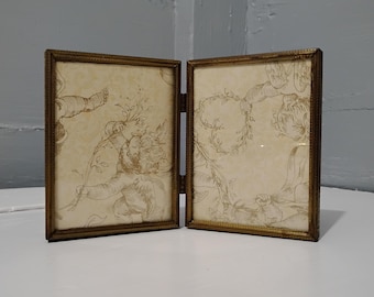 Small Vintage Bi-Fold Metal Picture Frames Brass Color Mid Century Beautiful Floral Etched Design Table Top RhymeswithDaughter