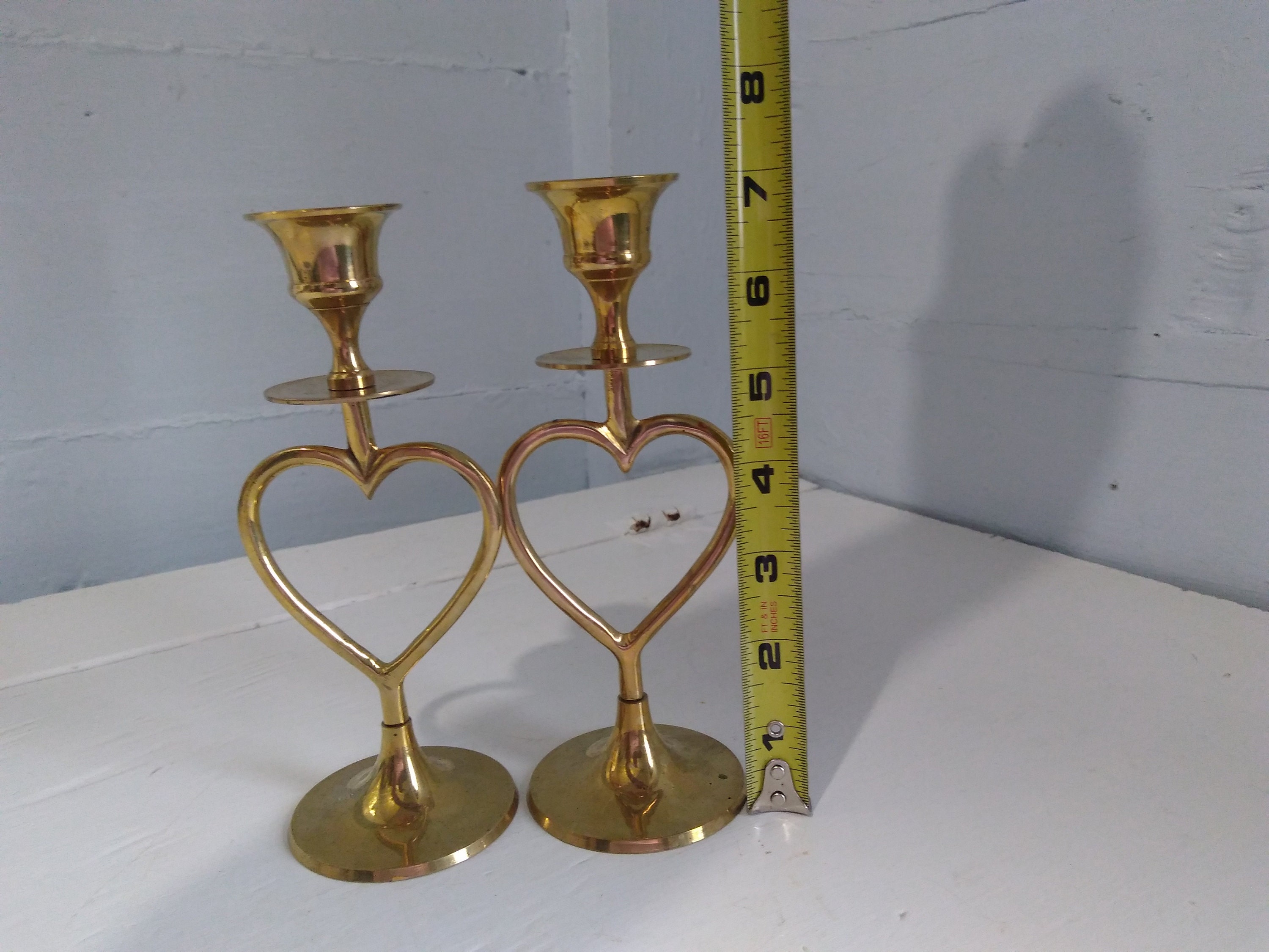 Vintage Heart Shaped Candlestick Holders Brass Tall Round Base Mantel Decor  Wedding Decor Photo Prop RhymeswithDaughter