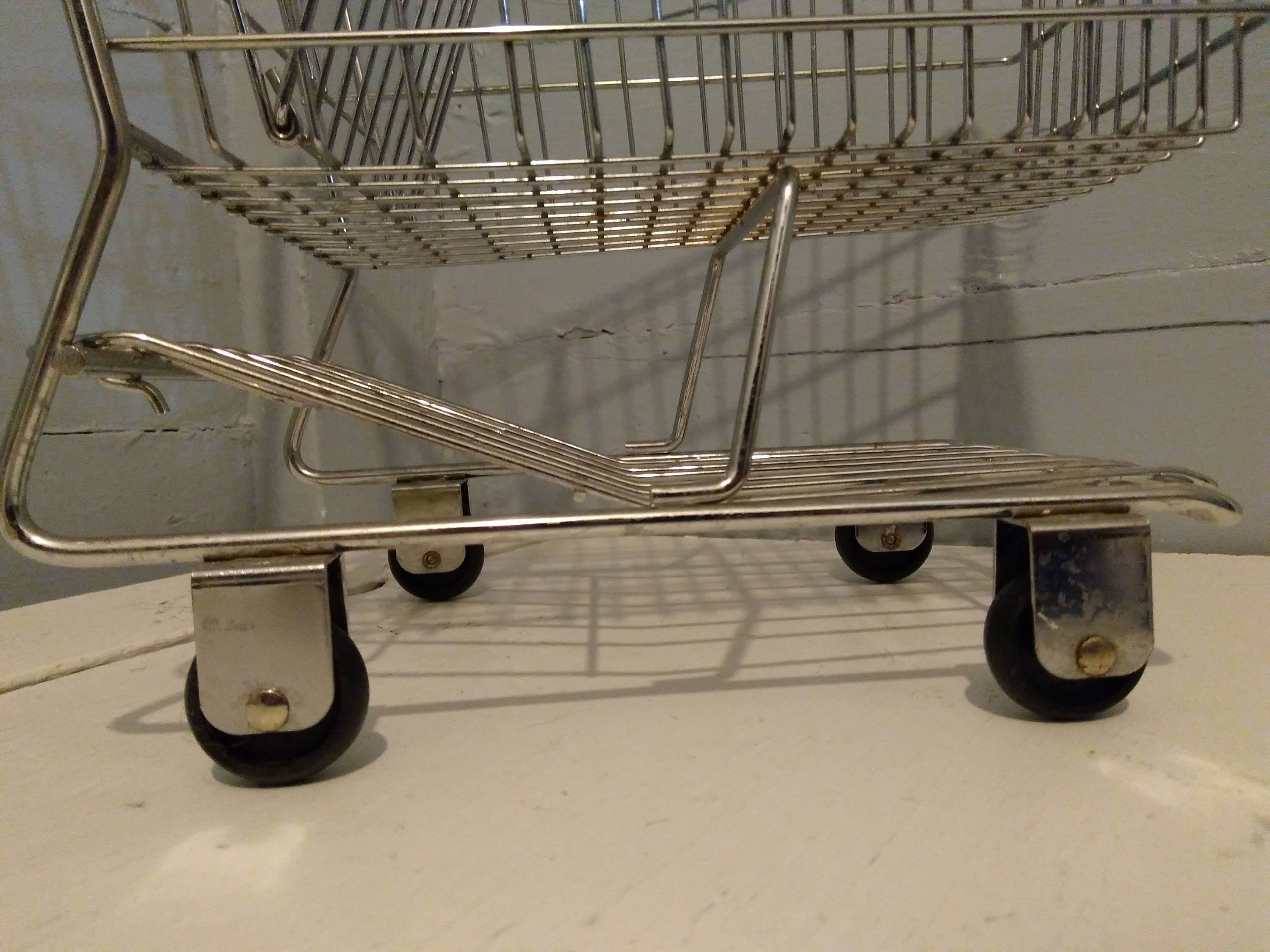 Vintage 50s Miniature Shopping Cart Metal Rolling Chrome Color Kitchen