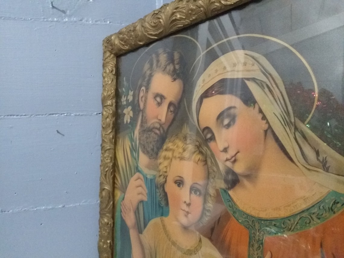 Antique Religious Wall Art the Holy Family Large Framed Etsy