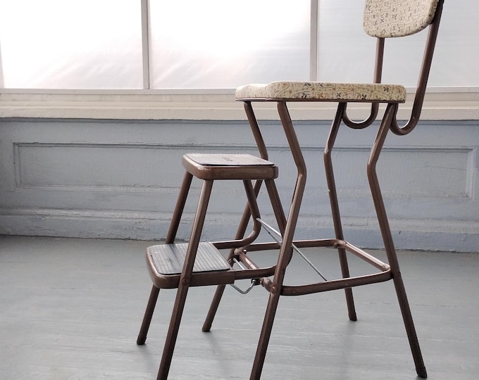 Featured listing image: Vintage Cosco Kitchen Chair Step Stool: Brown Metal, Kitschy Vinyl, RhymeswithDaughter