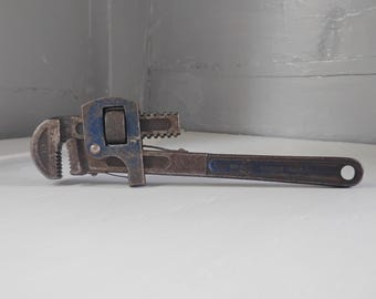 Vintage 10 Inch Stillson Pipe Wrench, Antique Blue Handle Plumbing Tool, Industrial Forged Steel Steampunk Decor, Rustic Workbench Display