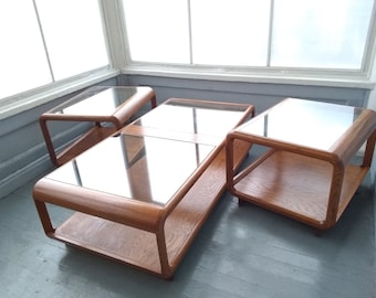 Coffee Table End Tables Retro 80s Open Concept Wood and Glass Matching Set Livingroom Furniture Large Statement Pieces RhymeswithDaughter