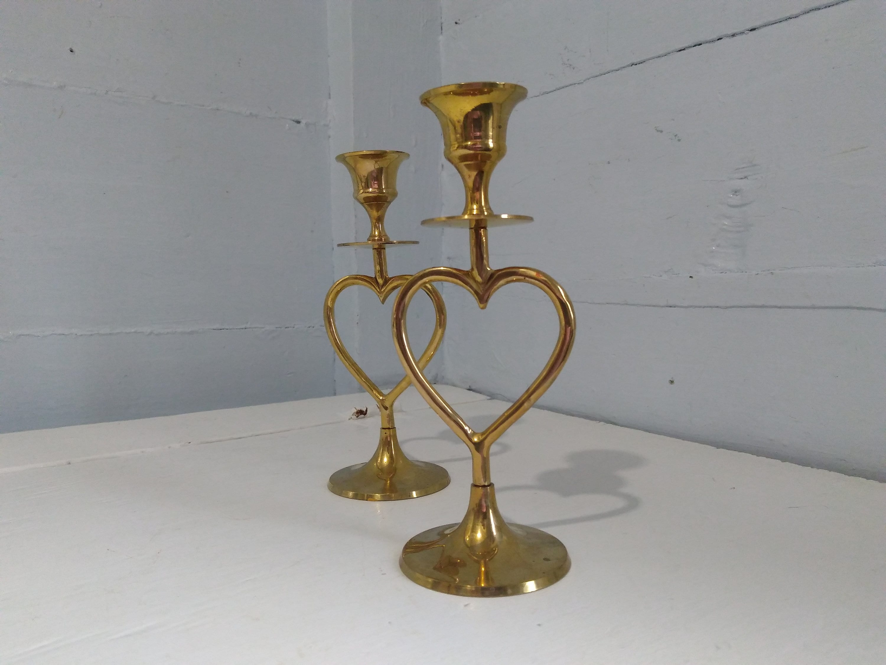 Vintage Heart Shaped Candlestick Holders Brass Tall Round Base Mantel