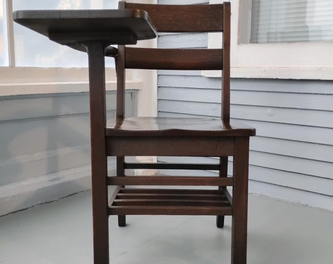 Featured listing image: Wood Student Desk and Chair and Storage Underneath Solid Oak Arts and Crafts Era Kids room Teen room Furniture Home Decor RhymeswithDaughter