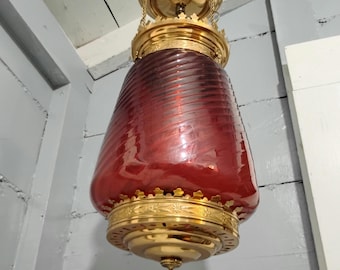 Vintage Ruby Red Glass Swag Lamp: Brass Housing Pendant Light, RhymeswithDaughter