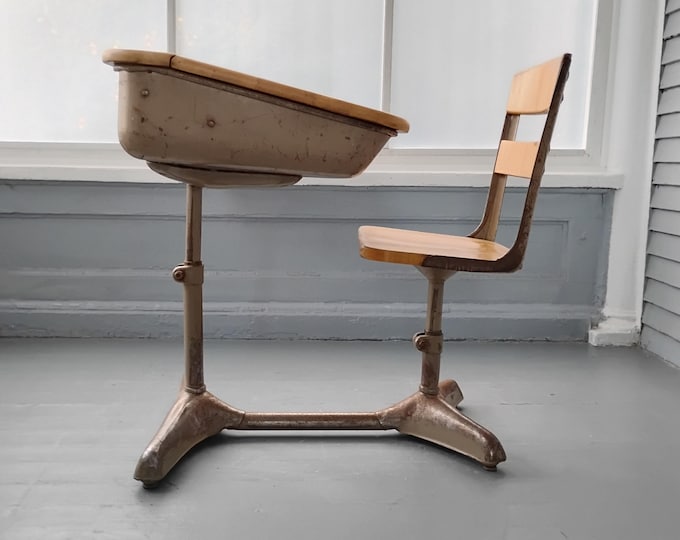Featured listing image: Vintage American Seating Co. School Desk | Mid Century Industrial Lift Top Student Desk Combo | 1940s 1950s Kids Desk Accent Furniture