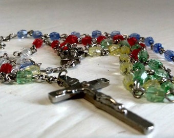 Pretty Vintage Catholic Rosary Yellow Red Blue Clear Beads Metal Cross  Photo Prop RhymeswithDaughter