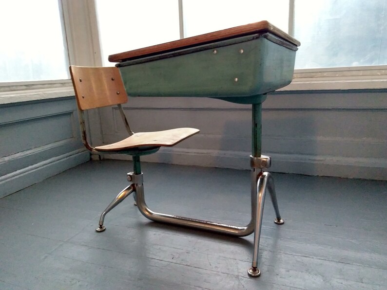 Vintage School Desk And Chair Kids Mid Century Modern Furniture Atomic Era Metal Wood Formica Photo Prop Adjule Rhymeswithdaughter