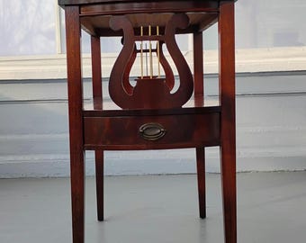 Antique Mahogany Harp End Table, Mid Century Modern, Hollywood Regency, Fine Furniture, Rectangular, Two Tier Design, Drawer, Leather Top