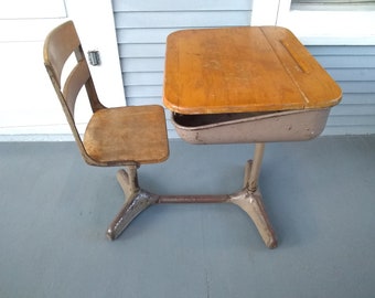 Vintage Kids  Desk and Chair School Desk Kids Furniture Metal and Wood MidCentury Modern Industrial Home Decor Photo Prop RhymeswithDaughter