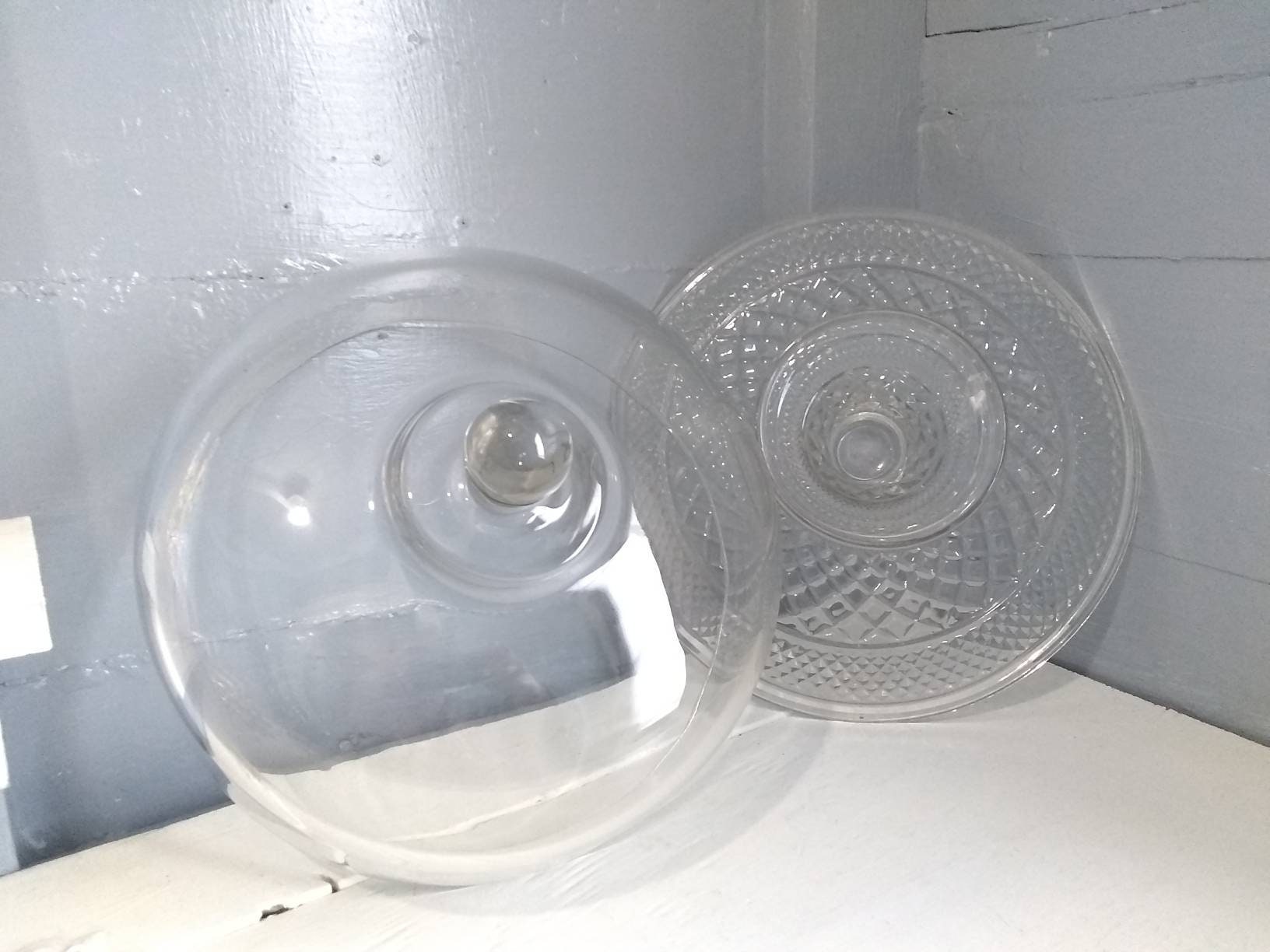 Vintage Heavy Glass Cake Stand with Dome Lid Dual Punch Bowl Set Upside