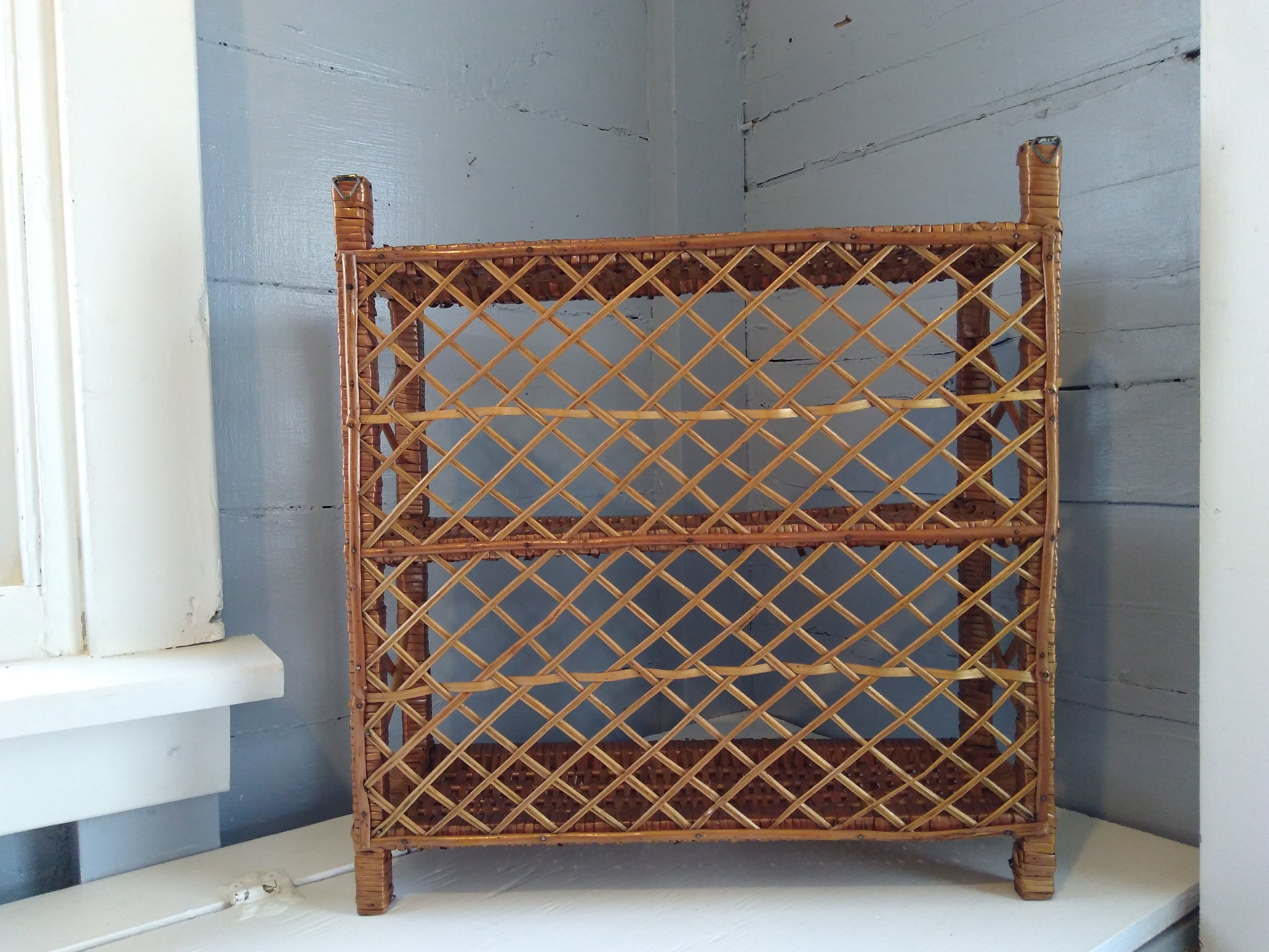 Vintage, Boho, Wicker, Shelves, Shelf Unit, Two Tier, Display Shelves
