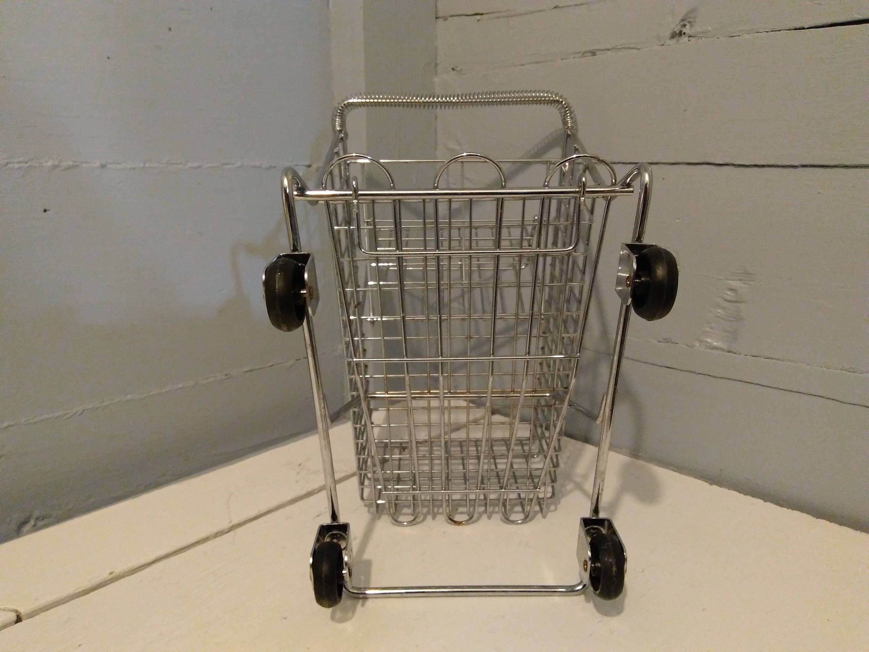 Vintage 50s Miniature Shopping Cart Metal Rolling Chrome Color Kitchen