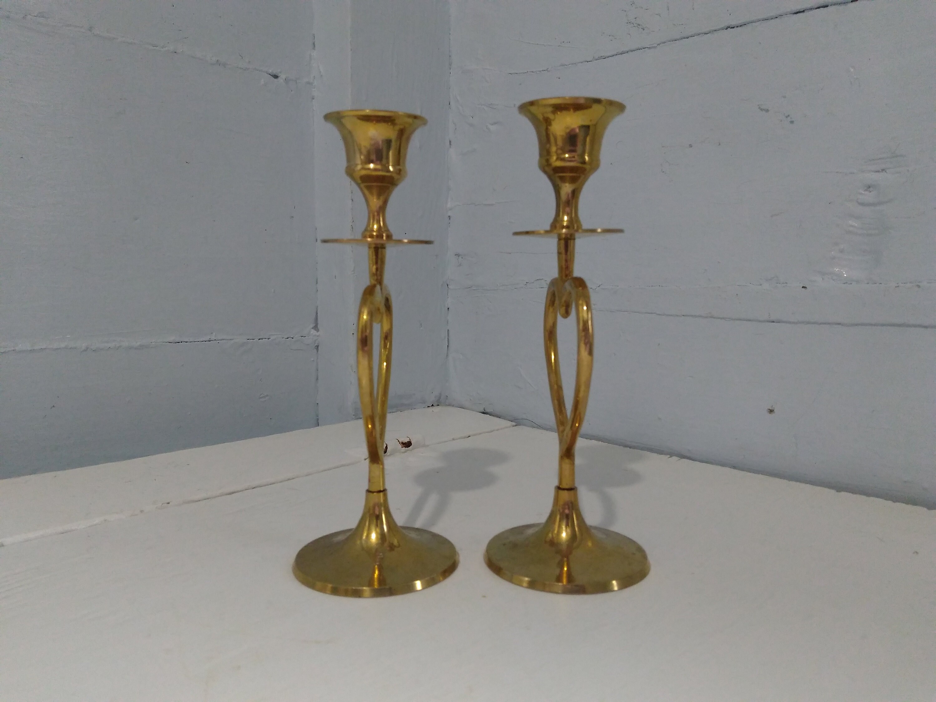 Vintage Heart Shaped Candlestick Holders Brass Tall Round Base Mantel