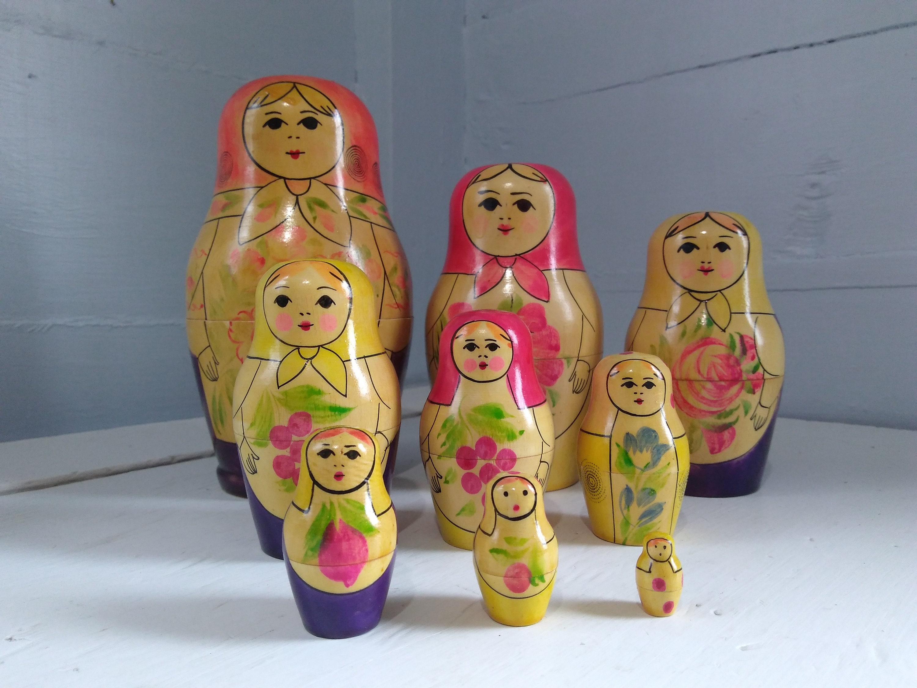 Beautiful Vintage Set of Nesting Dolls Vibrant Colorful Set of 9 Dolls