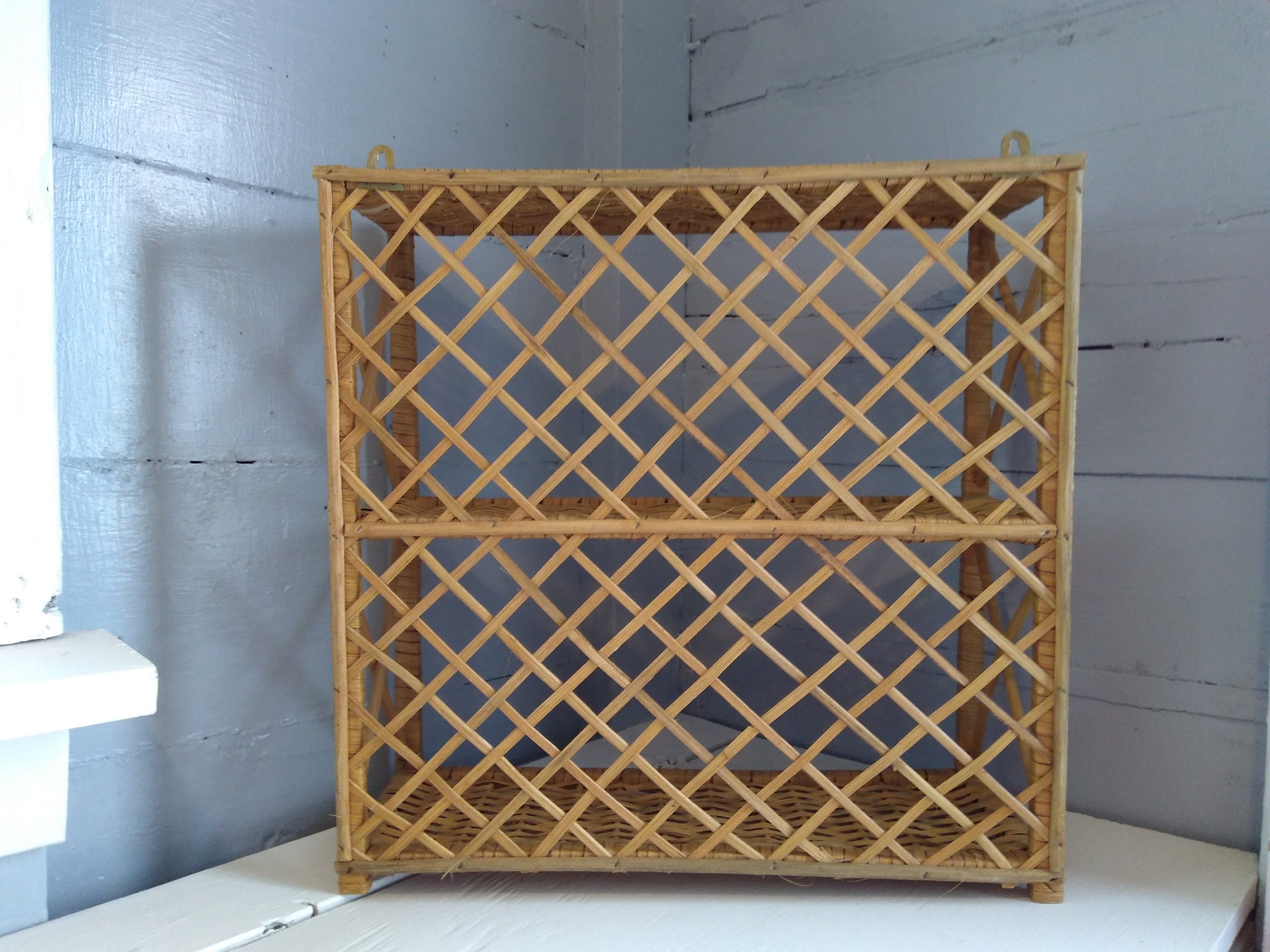 Vintage, Boho, Wicker, Shelves, Shelf Unit, Two Tier, Display Shelves