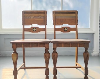 Antique Early American Oak Dining Chairs, 1930s Turned Leg Accent Chairs - Pair
