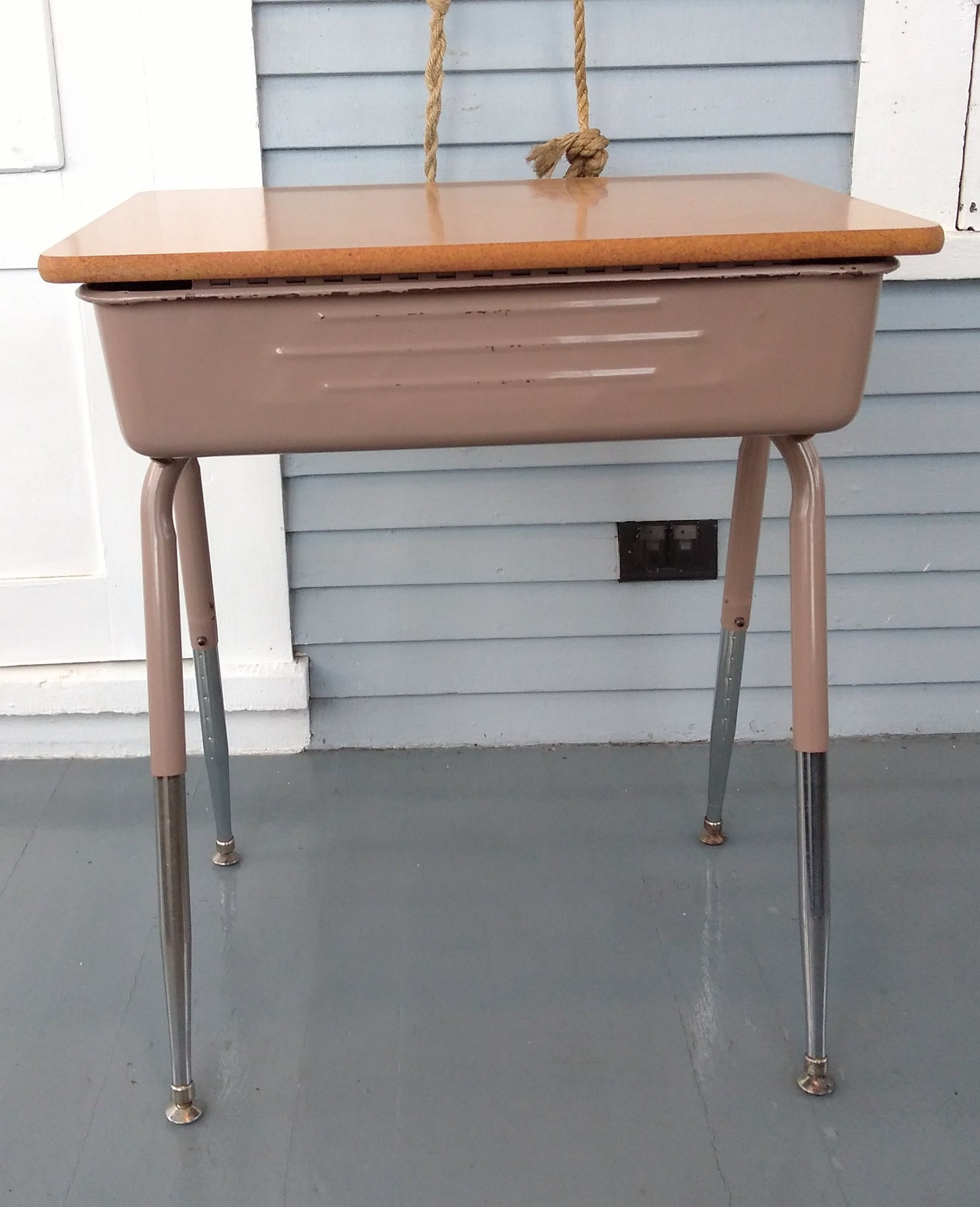 Vintage Kids Desk School Age Childs Desk Adjustable Metal and Wood Kids
