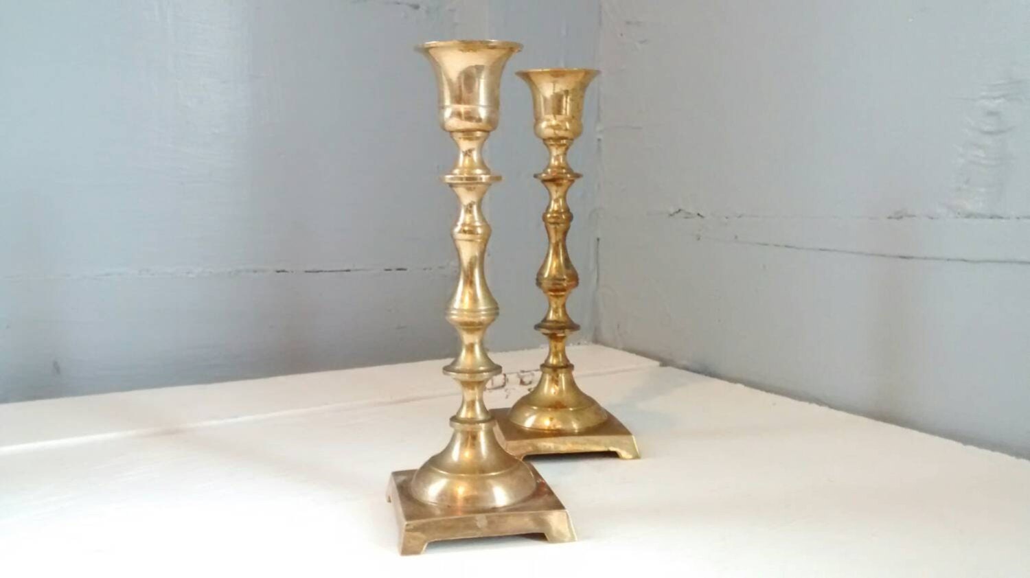 Candle Stick Holders, Pair, Brass, Tall, Tapered, Square ...