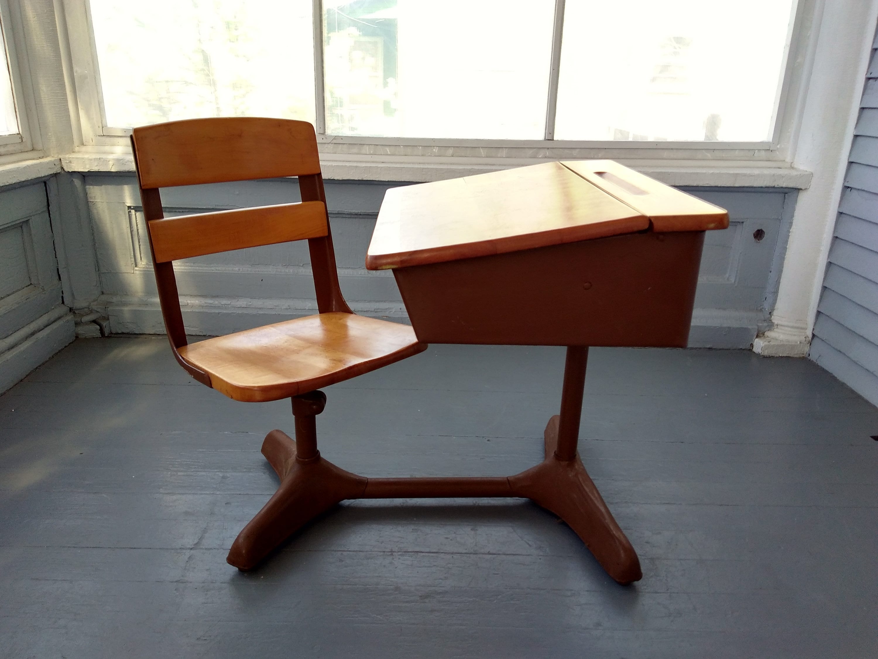 Vintage School Desk Kids Desk and Chair Solid Wood Metal School Age