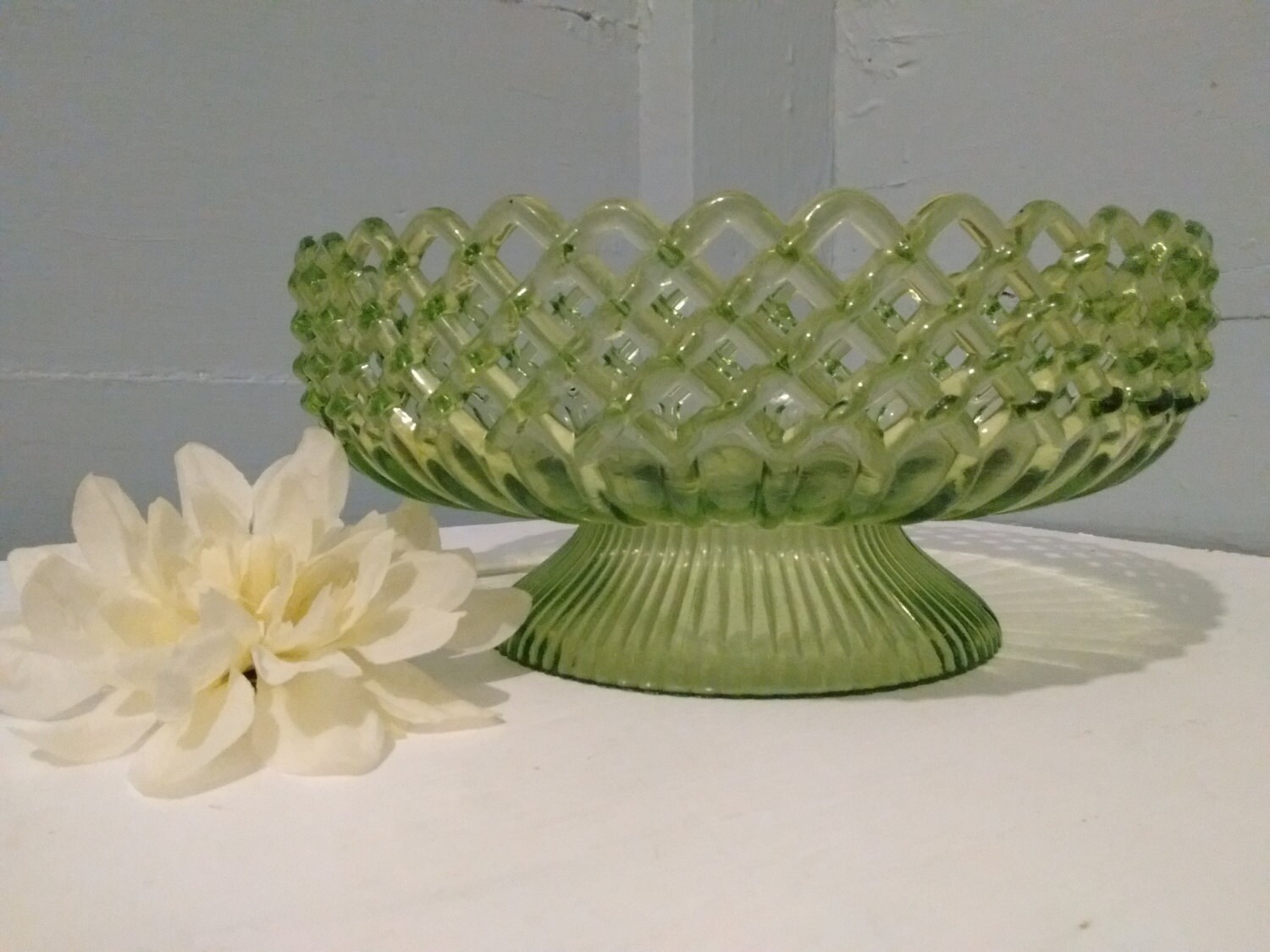 Vintage 60s Lime Green Bowl Regaline Lattice Banana Bowl Decorative