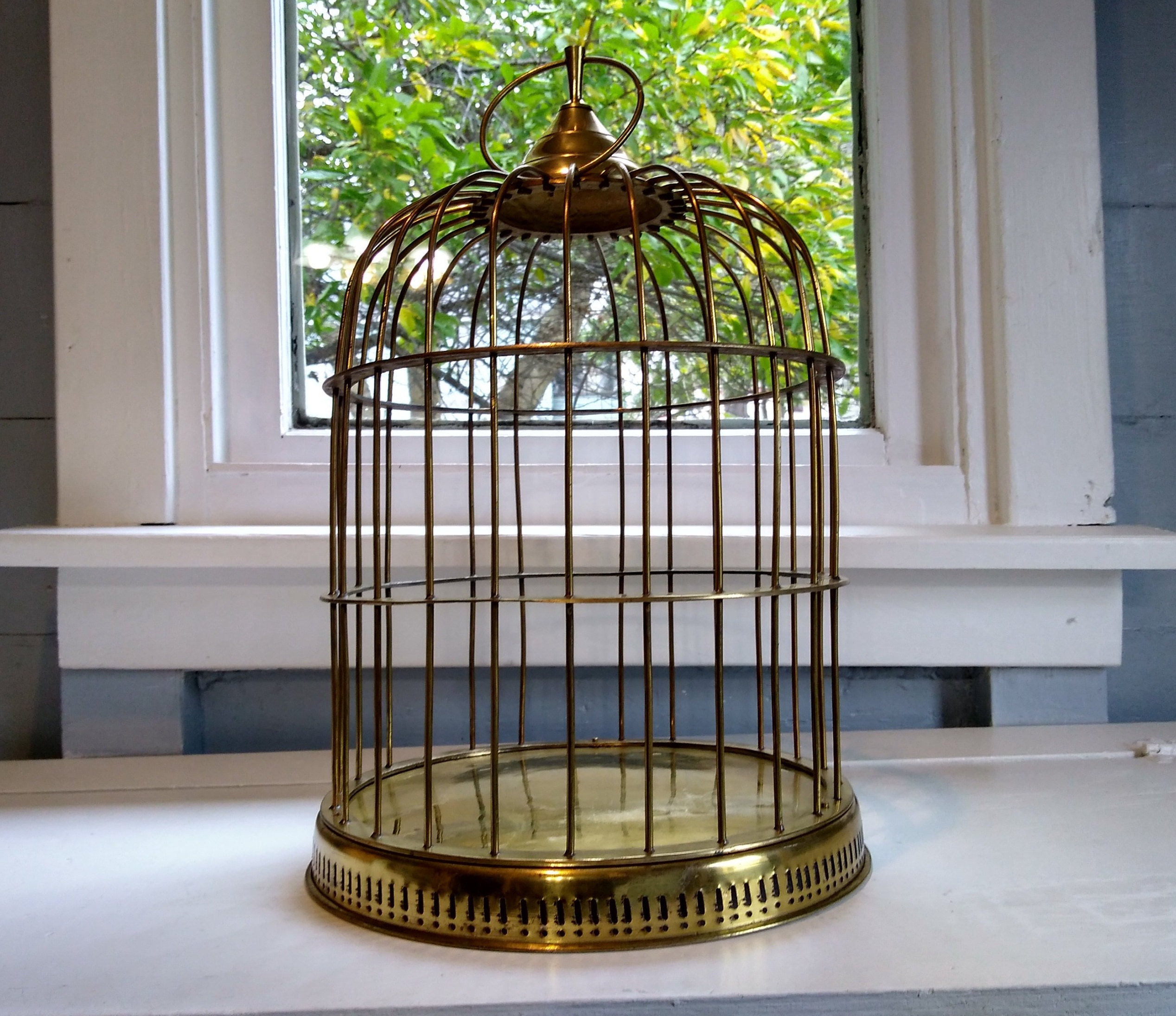 Large Antique Solid Brass Bird Cage (No Door) Round Dome Shaped Floral