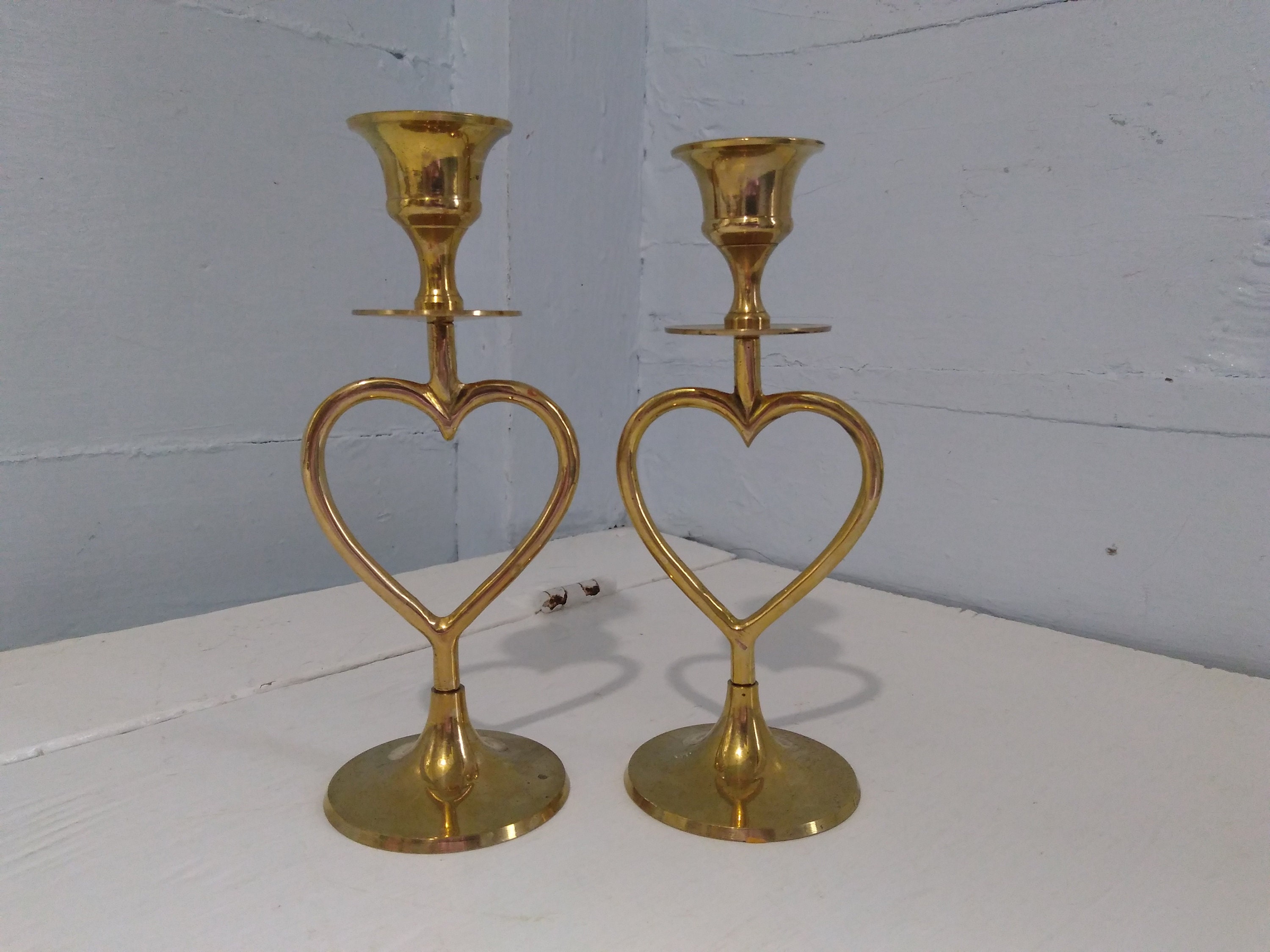Vintage Heart Shaped Candlestick Holders Brass Tall Round Base Mantel