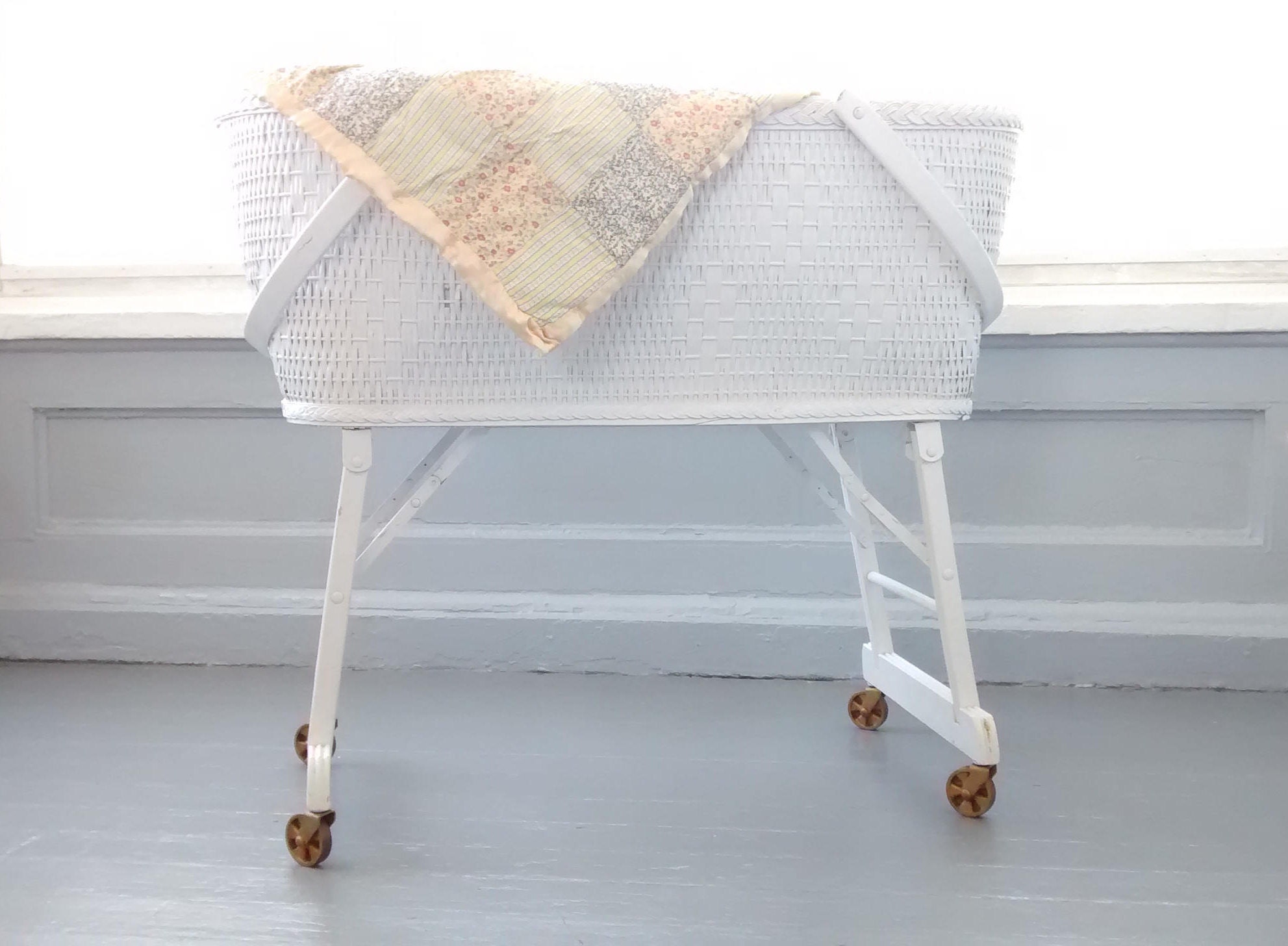 Vintage, Baby, Wicker, Wood, Standing, Wheels, Handles