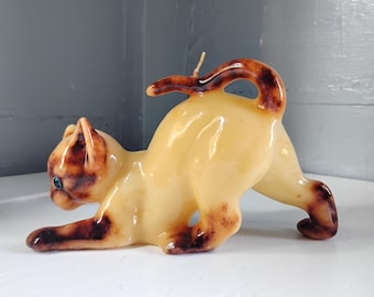 Vintage 1960s Mid Century Modern Siamese Cat Wax Candle / Blue Bead Eyes / Pouncing Kitty /  RhymeswithDaughter