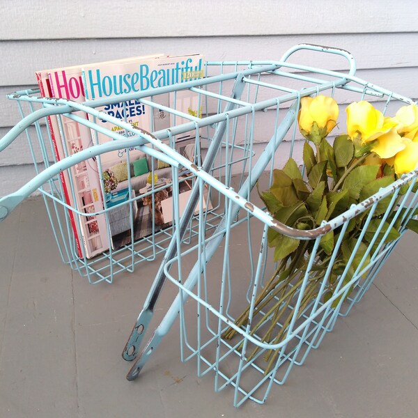 Vintage, Double, Bike, Basket, Rear Basket, Metal, Wire Basket, Robins Egg Blue, Decorative Metal Basket, Photo Prop, RhymeswithDaughter