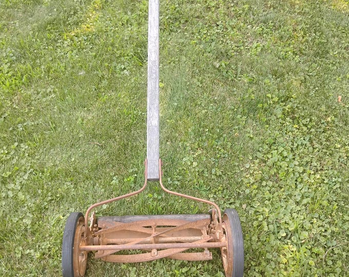 Featured listing image: Antique Push Reel Lawn Mower, Rustic Garden Decor, Vintage Farmhouse Yard Art, Primitive Lawn Mower, Patina Garden Display, Weathered