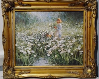 Donny Finleys/Cahaba Lilies/Stunning Piece/Girl in a Field of Lilies/Beautiful Brassy/Gold Decorative Frame Statement Piece RhymeswithDaught