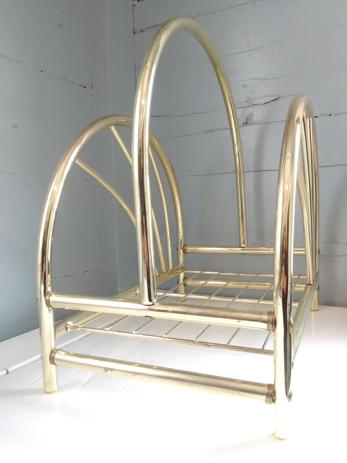 Vintage, Magazine Rack, Magazine Holder, Metal, Stand, Gold, Retro, 80s