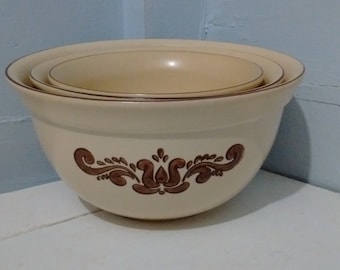 Stoneware Dishes Mixing Bowls Nesting Bowls Vintage Pflatzgraff Village Brown Yellow Farmhouse Country RhymeswithDaughter