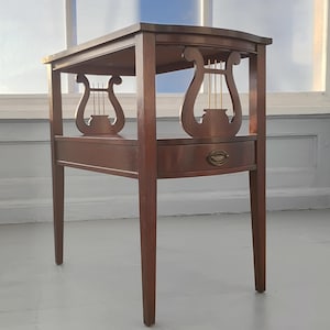 Vintage Mahogany Harp End Table, Fine Furniture, Classic, Two Tier with Leather Top Adorned with Gold Painted Design, RhymeswithDaughter