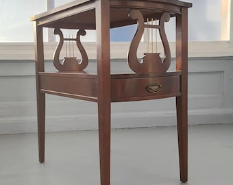 Vintage Mahogany Harp End Table, Hollywood Regency Leather Top