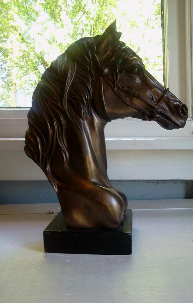 Antique Large Horse Bust Head Sculpture Clay Bronzed Home