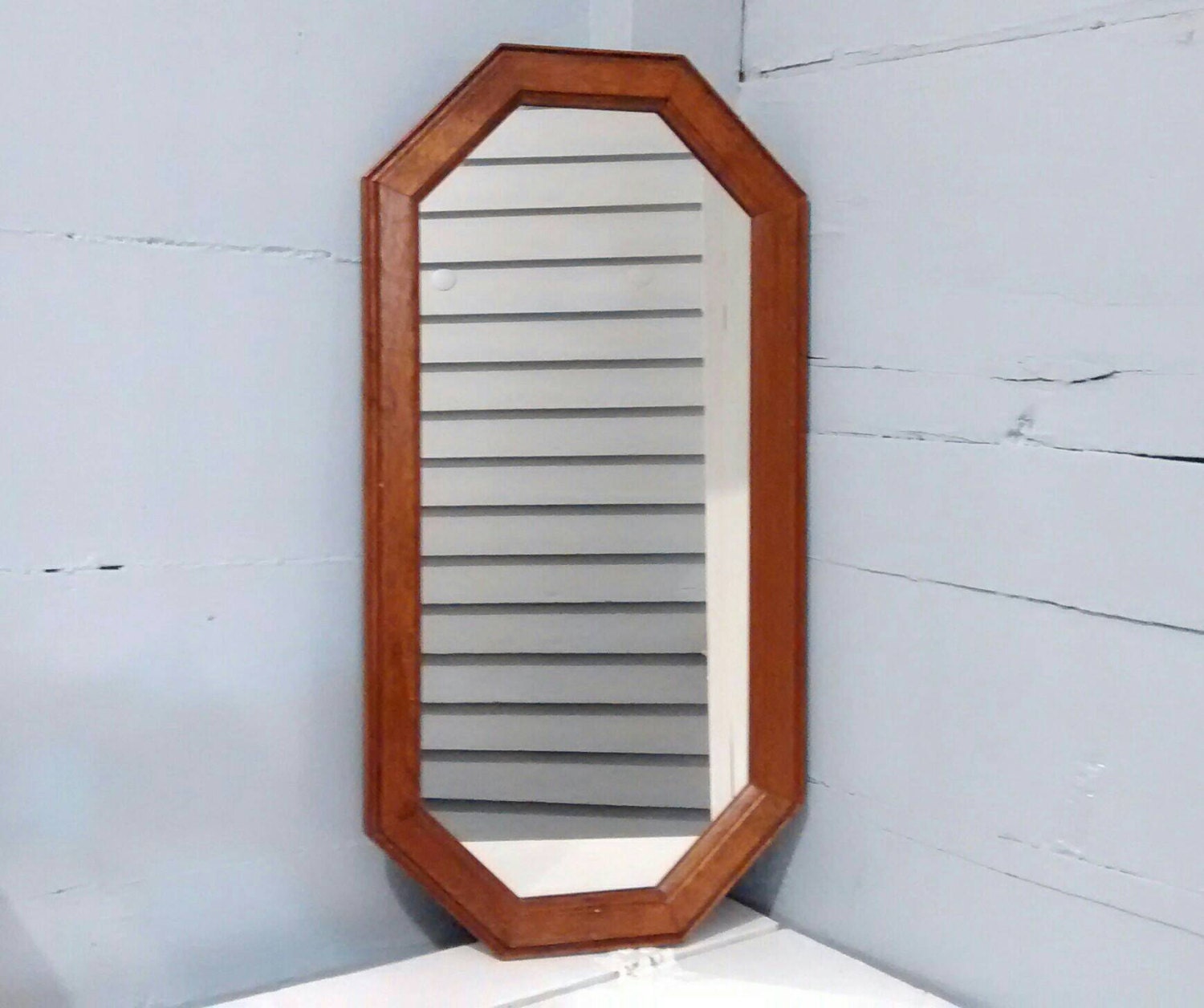 Retro 70s Mirror Wood Frame Long Octagon Framed
