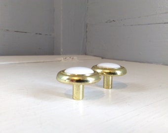 Vintage Round Brass Color Knobs with White Porcelain Center Mushroom Shaped Furniture Hardware Cabinet Knobs RhymeswithDaughter